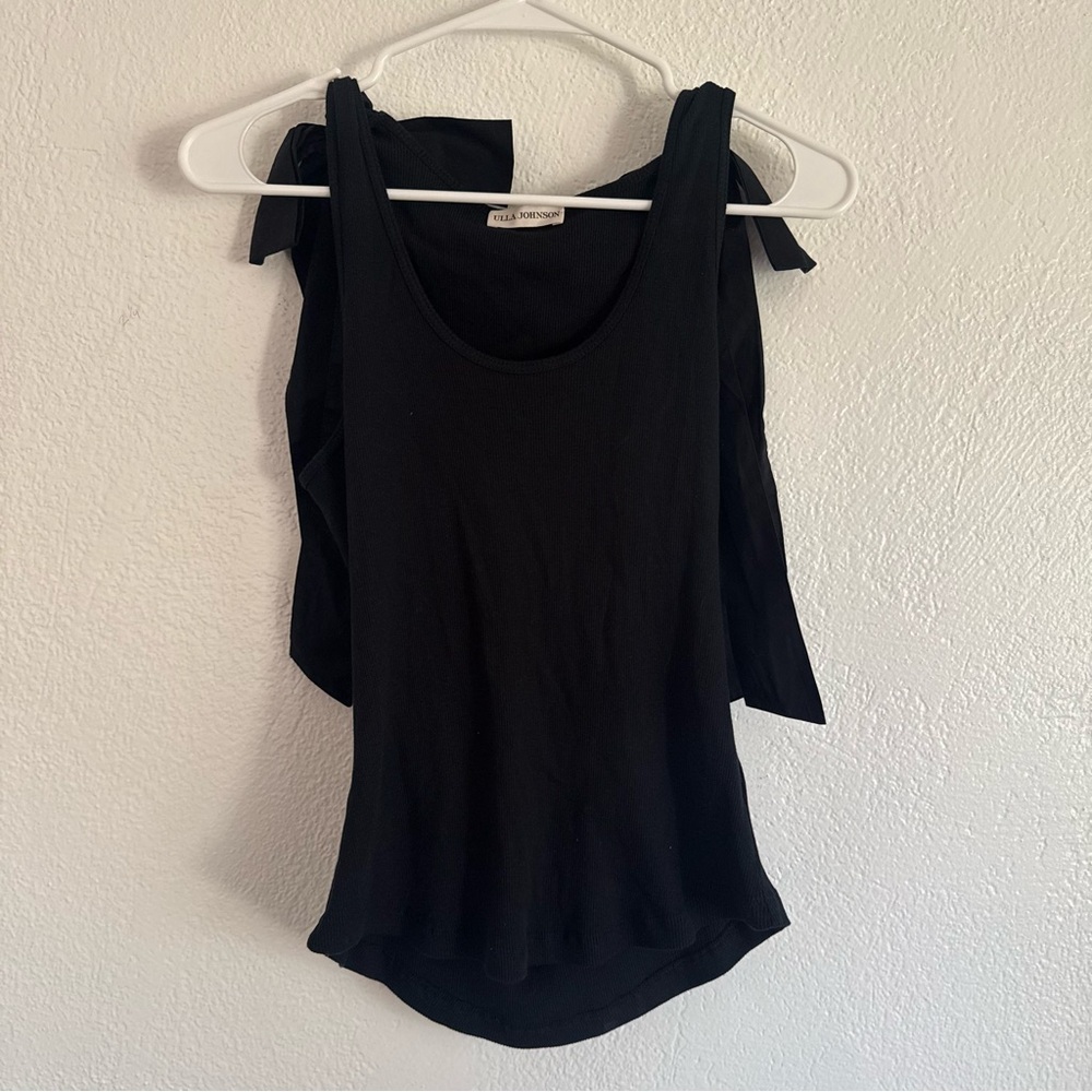 Ulla Johnson Women's Medium Black Bailey Bow Shoulder Tank Top Ribbed Preppy